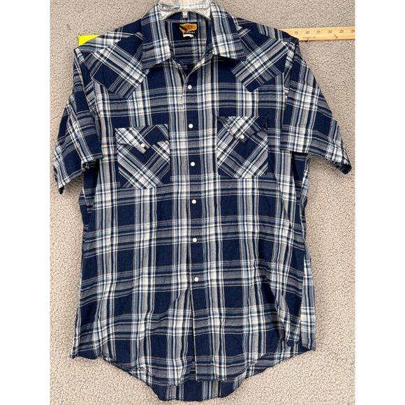 VTG Holt Quality Western Wear Men's Blue Plaid Short Sleeve Pearl Snap Shirt L - Picture 1 of 12